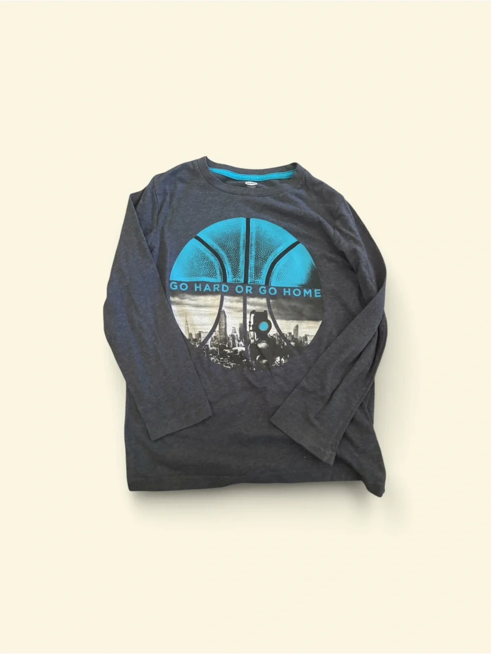 Old Navy Kid’s Long-Sleeve Graphic Tee in Charcoal with Teal Print